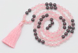 GMN6252 Knotted 8mm, 10mm rose quartz & garnet 108 beads mala necklace with tassel