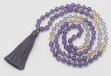 GMN6253 Knotted 8mm, 10mm amethyst, citrine & white crystal 108 beads mala necklace with tassel