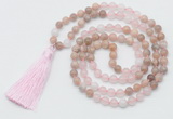 GMN6255 Knotted 8mm, 10mm sunstone, rose quartz & white jade 108 beads mala necklace with tassel