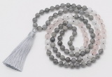 GMN6256 Knotted 8mm, 10mm labradorite, rose quartz & white moonstone 108 beads mala necklace with tassel