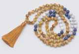 GMN6257 Knotted 8mm, 10mm golden tiger eye, lapis lazuli & matte white howlite 108 beads mala necklace with tassel