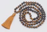 GMN6258 Knotted 8mm, 10mm yellow tiger eye, garnet & smoky quartz 108 beads mala necklace with tassel