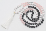 GMN6262 Knotted 8mm, 10mm black agate, rose quartz & white howlite 108 beads mala necklace with tassel