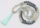 GMN6263 Knotted 8mm, 10mm matte amazonite & black lava 108 beads mala necklace with tassel