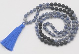 GMN6264 Knotted 8mm, 10mm blue spot stone & black lava 108 beads mala necklace with tassel