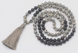 GMN6265 Knotted 8mm, 10mm dalmatian jasper, black lava & garnet 108 beads mala necklace with tassel