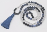 GMN6266 Knotted 8mm, 10mm matte sodalite, white crystal  & black agate 108 beads mala necklace with tassel