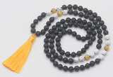 GMN6268 Knotted 8mm, 10mm black lava, matte white howlite & golden tiger eye 108 beads mala necklace with tassel