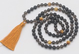 GMN6269 Knotted 8mm, 10mm black lava, smoky quartz & golden tiger eye 108 beads mala necklace with tassel