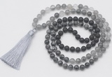 GMN6270 Knotted 8mm, 10mm black lava, black labradorite & cloudy quartz 108 beads mala necklace with tassel