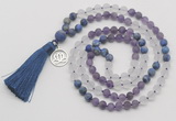 GMN6301 Knotted amethyst, white crystal & lapis lazuli 108 beads mala necklace with tassel & charm