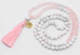 GMN6302 Knotted rose quartz & white howlite 108 beads mala necklace with tassel & charm