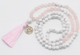 GMN6303 Knotted matte rose quartz & white howlite 108 beads mala necklace with tassel & charm