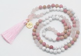 GMN6304 Knotted white howlite, pink jasper & rose quartz 108 beads mala necklace with tassel & charm