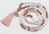 GMN6305 Knotted white howlite, cherry quartz & red jasper 108 beads mala necklace with tassel & charm