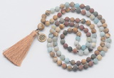 GMN6306 Knotted 8mm, 10mm matte mixed amazonite & jasper 108 beads mala necklace with tassel & charm