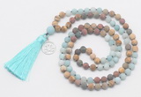 GMN6307 Knotted 8mm, 10mm matte amazonite & jasper 108 beads mala necklace with tassel & charm