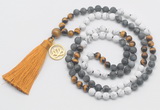 GMN6309 Knotted matte white howlite & black labradorite 108 beads mala necklace with tassel & charm