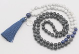 GMN6310 Knotted black labradorite & matte white howlite 108 beads mala necklace with tassel & charm