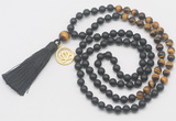 GMN6311 Knotted 8mm, 10mm matte black agate & yellow tiger eye 108 beads mala necklace with tassel & charm