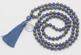 GMN6312 Knotted black labradorite & lapis lazuli 108 beads mala necklace with tassel & charm