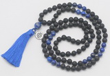 GMN6314 Knotted black lava & lapis lazuli 108 beads mala necklace with tassel & charm