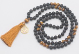 GMN6315 Knotted black lava & yellow tiger eye 108 beads mala necklace with tassel & charm