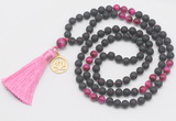 GMN6316 Knotted black lava & red tiger eye 108 beads mala necklace with tassel & charm