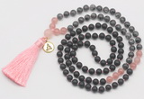 GMN6317 Knotted matte black agate, black labradorite & rose quartz 108 beads mala necklace with tassel & charm