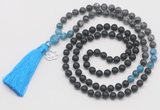 GMN6318 Knotted matte black agate, black labradorite & apatite 108 beads mala necklace with tassel & charm