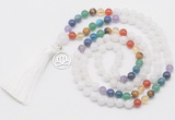 GMN6319 Knotted 7 Chakra white jade 108 beads mala necklace with tassel & charm