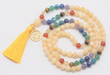 GMN6320 Knotted 7 Chakra honey jade 108 beads mala necklace with tassel & charm