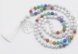 GMN6321 Knotted 7 Chakra white howlite 108 beads mala necklace with tassel & charm