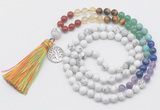 GMN6322 Knotted 7 Chakra white howlite 108 beads mala necklace with tassel & charm