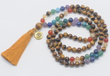 GMN6323 Knotted 7 Chakra yellow tiger eye 108 beads mala necklace with tassel & charm