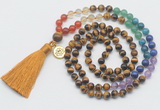 GMN6324 Knotted 7 Chakra 8mm, 10mm yellow tiger eye 108 beads mala necklace with tassel & charm