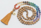 GMN6325 Knotted 7 Chakra picture jasper 108 beads mala necklace with tassel & charm