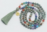 GMN6326 Knotted 7 Chakra African turquoise 108 beads mala necklace with tassel & charm