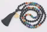 GMN6327 Knotted 7 Chakra black obsidian 108 beads mala necklace with tassel & charm