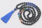 GMN6328 Knotted 7 Chakra black lava & lapis lazuli 108 beads mala necklace with tassel & charm