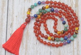 GMN6341 Knotted 7 Chakra 8mm, 10mm red agate 108 beads mala necklace with tassel