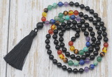 GMN6342 Knotted 7 Chakra 8mm, 10mm black agate 108 beads mala necklace with tassel