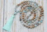 GMN6344 Knotted 8mm, 10mm matte amazonite & picture jasper 108 beads mala necklace with tassel