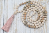 GMN6345 Knotted 8mm, 10mm white fossil jasper & picture jasper 108 beads mala necklace with tassel