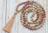 GMN6346 Knotted 8mm, 10mm matte picture jasper & red jasper 108 beads mala necklace with tassel