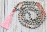 GMN6347 Knotted 8mm, 10mm dalmatian jasper & cherry quartz 108 beads mala necklace with tassel