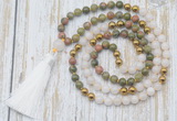 GMN6349 Knotted 8mm, 10mm unakite, white jade & hematite 108 beads mala necklace with tassel