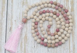 GMN6350 Knotted 8mm, 10mm white fossil jasper & pink wooden jasper 108 beads mala necklace with tassel