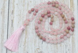 GMN6351 Knotted 8mm, 10mm rose quartz & pink wooden jasper 108 beads mala necklace with tassel