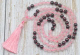 GMN6352 Knotted 8mm, 10mm rose quartz & garnet 108 beads mala necklace with tassel